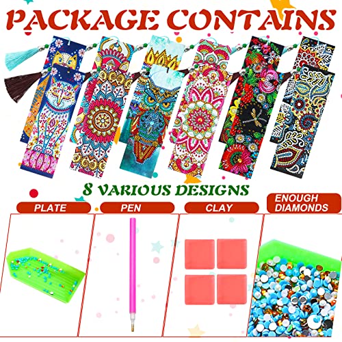 12 Pieces 5D Diamond Painting Bookmark Art Beaded Rhinestone Floral Bookmark with Tassel PU Leather Bookmarks for Adults Kids DIY Craft Supplies