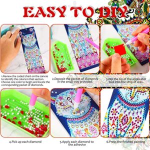 12 Pieces 5D Diamond Painting Bookmark Art Beaded Rhinestone Floral Bookmark with Tassel PU Leather Bookmarks for Adults Kids DIY Craft Supplies