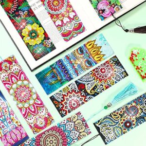 12 Pieces 5D Diamond Painting Bookmark Art Beaded Rhinestone Floral Bookmark with Tassel PU Leather Bookmarks for Adults Kids DIY Craft Supplies