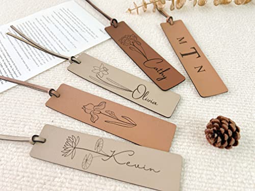 Personalized Engraved Leather Bookmark, Birth Flower Bookmark, Reader Gift, Name Bookmark, Birthday Gift for Her, Valentines/Anniversary Gift for Him/Couple.