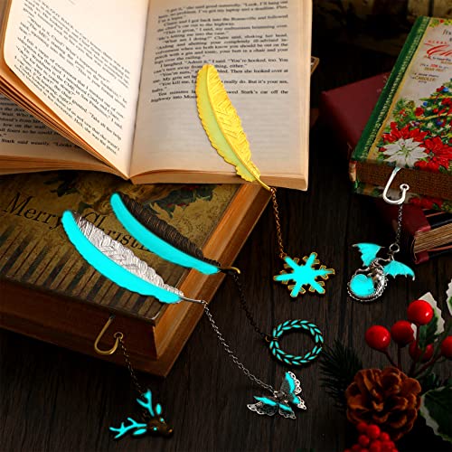 5 Pieces Vintage Metal Feather Bookmarks Glow in The Dark Bookmarks 3D Luminous Bookmark with Dragon Butterfly Pendant Cool Book Markers for Kids Students Gifts Women Men Book Lovers