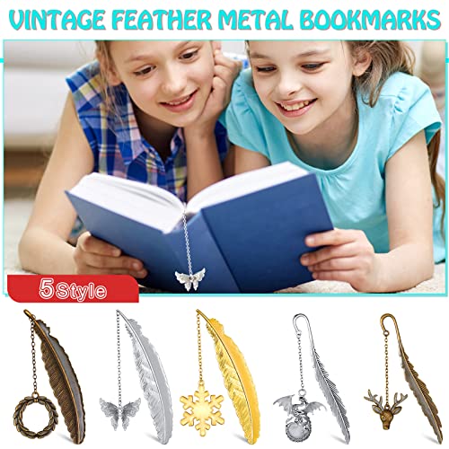 5 Pieces Vintage Metal Feather Bookmarks Glow in The Dark Bookmarks 3D Luminous Bookmark with Dragon Butterfly Pendant Cool Book Markers for Kids Students Gifts Women Men Book Lovers