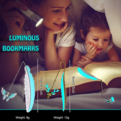 5 Pieces Vintage Metal Feather Bookmarks Glow in The Dark Bookmarks 3D Luminous Bookmark with Dragon Butterfly Pendant Cool Book Markers for Kids Students Gifts Women Men Book Lovers