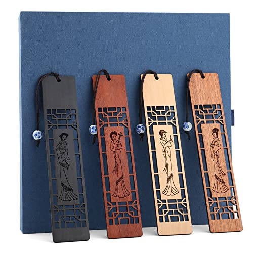 4 Pcs Bookmark Gift Box Set, Vickes Handmade Natural Wooden Bookmarks with Beautiful Carving, Unique Bookmarks Gift for Men Women