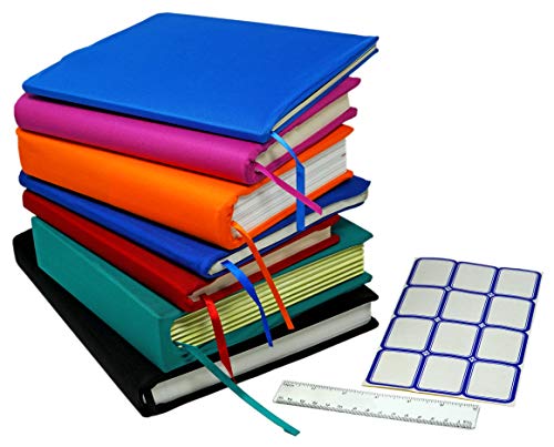 Stretchable Jumbo Book Covers 7 Pack Individual Colors Book Suits® fits Hardcover Textbooks up to 9.5" X 14" Durable Washable Reusable Extras Labels and Ruler
