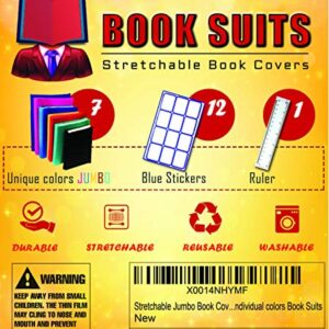 Stretchable Jumbo Book Covers 7 Pack Individual Colors Book Suits® fits Hardcover Textbooks up to 9.5" X 14" Durable Washable Reusable Extras Labels and Ruler