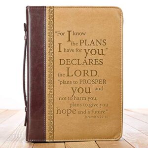 christian art gifts men’s classic bible cover i know the plans jeremiah 29:11, brown/tan faux leather, large
