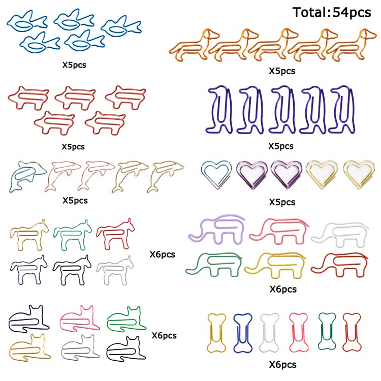 Jhesicx Cute Animal Shaped Paper Memo Clips Bookmark Assorted Colors - 54 Counts Funny Paperclips Bookmarks Planner Clips, Fun Office Supplies Gifts for Women Coworkers (10 Cute Designs )