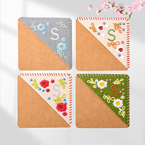 Personalized Hand Embroidered Corner Bookmark English Letters Triangle Corner Page Bookmark, 4 Seasons Handmade Stitched Book Marker Cute Flower Bookmarks for Book Reading Lovers Gift