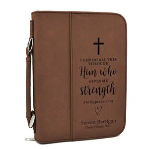 custom bible cover – philippians 4:13 – brown bible case with black engraving