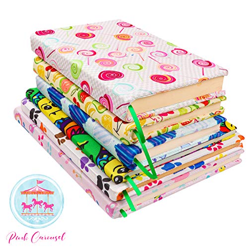 Pink Carousel Fabric Book Covers with Ribbon Bookmarks. Stretchable, Washable, Reusable Book Protectors for Medium to Large Hard Cover Schoolbooks and Textbooks. Fit Books 6" X 9" - 9” X 11."