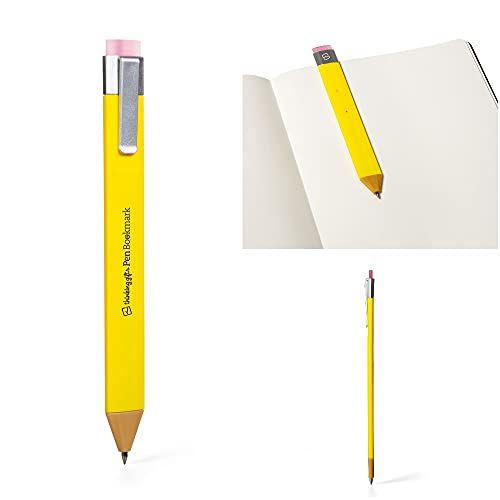 New Pen Bookmark with Refills | Erasable Ballpoint Gel Pen and Bookmark 3-in-1 | Ink Novelty Pen with Eraser | Page Marker | Book Marker | Page Holder Clip | Gift for Reader and Writer (Yellow)