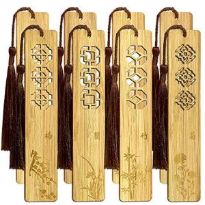 8 pieces handmade bamboo bookmark vintage carving wooden bookmark hollow blossom bookmark with tassel for school students teacher presents office, 4 designs