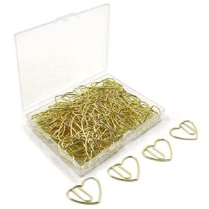 betinyar 100 pieces paper clips cute, love heart shaped paper clips, metal small paper clips, bookmark document organizing clip for school office (gold)