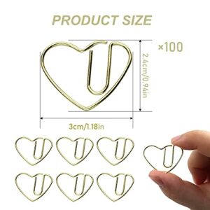 Betinyar 100 Pieces Paper Clips Cute, Love Heart Shaped Paper Clips, Metal Small Paper Clips, Bookmark Document Organizing Clip for School Office (Gold)