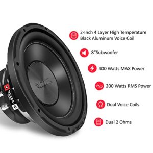 RECOIL RW8D2 Echo Series 8 Inch 400 Watts Power Dual 2 Ohm Voice Coil, 2" Black-Coated 4 Layer High Temperature Voice Coil, Competition Grade Pressed Paper Cone, Car Audio Subwoofer