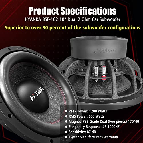 H YANKA 10 Inch Subwoofer - 10 Inch Paper Cone Subwoofer Car Audio, Black Steel Basket, Dual Voice Coil 2 Ohm Impedance 10 subwoofer, 1200W MAX Power 10 inch Competition Subwoofer