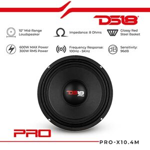 DS18 PRO-X10.4M Loudspeaker - 10", Midrange, Red Steel Basket, 600W Max, 300W RMS, 4 Ohms - Premium Quality Audio Door Speakers for Car or Truck Stereo Sound System (1 Speaker)