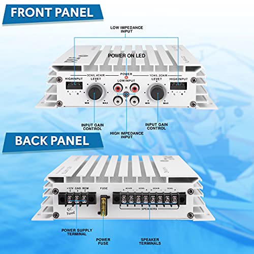 Marine Stereo Receiver Speaker Kit - In-Dash LCD Digital Console Built-in & Remote Control - Pyle PLCDBT85MRW & Hydra Marine Amplifier Upgraded Elite Series 400 Watt 4 Channel Audio Amplifier PLMRA402