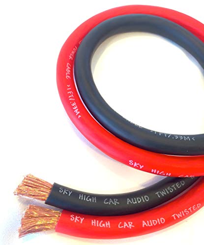 20 ft OFC 1/0 Gauge Oversized 10' RED & 10' Black Power Ground Wire Sky High Car