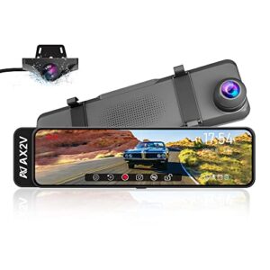 ax2v 11″ mirror dash cam – 1080p front and rear dual recording, waterproof backup camera with super night vision, full touch screen for car reversing assistance and parking monitoring