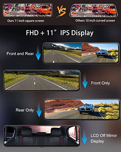 AX2V 11" Mirror Dash Cam - 1080P Front and Rear Dual Recording, Waterproof Backup Camera with Super Night Vision, Full Touch Screen for Car Reversing Assistance and Parking Monitoring