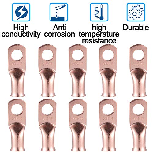 10 Pcs Copper Lugs Ring Terminals Connectors, 3/8” Stud Size for 4 AWG Wire. Battery Cable Ends