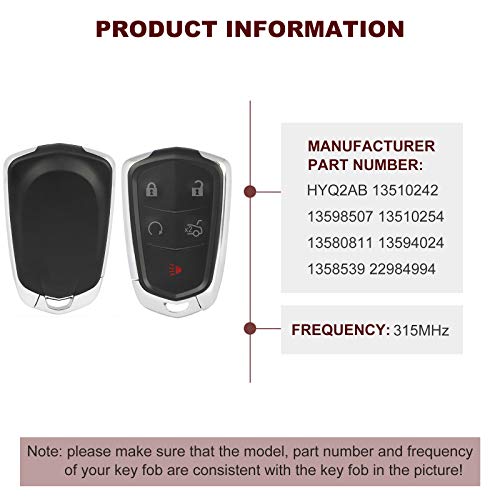 ANGLEWIDE Car Key Fob Keyless Entry Remote Replacement for Cadillac XTS 15-19 14-19 for Cadillac CTS for Cadillac ATS (FCC HYQ2AB) 5 Buttons Black 1pad