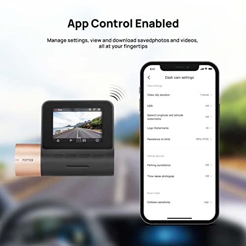 70mai Dash Cam Lite 2, 1080P Full HD Smart Dash Camera for Cars with Superior Night Vision, WDR, Parking Mode, Time-Lapse Mode, Optional GPS, Loop Recording, iOS/Android App Control