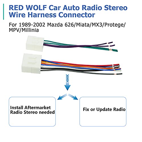 RED WOLF Car Radio Install Wire Harness Compatible with 1989-2002 Mazda 626/Miata/MX3/Protege/MPV/Millinia Stereo Plug Connector