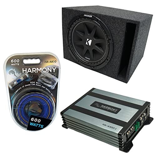 Kicker Bundle Compatible with Universal Vehicle 43C124-N Single 12" 150W Loaded Sub Box Enclosure with HA-A400.1 Mono Amplifier