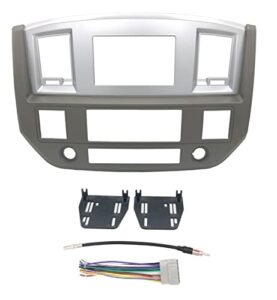 custom install parts khaki w/silver double din stereo radio dash kit install bezel +wiring harness+antenna adapter compatible with dodge ram 2006-2009(khaki/silver standard non canbus wire harness)