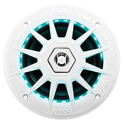 BOSS Audio Systems MRGB65 6.5 Inch Marine Speakers - Weatherproof, 200 Watts Per Pair, 100 Watts Each, Multi-Color Illumination, Full Range, 2 Way, Sold In Pairs, White