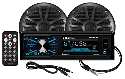 BOSS Audio Systems MCBK634B.6 Weatherproof Marine Receiver Speaker Package - MR634UAB Receiver, USB, AM/FM Radio, No CD Player, Bluetooth Audio, Two MR6B 6.5 Inch Speakers, MRANT10 Dipole Antenna