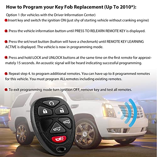 Self-Programming Replacement Keyless Entry Fits for Chevy Tahoe Suburban GMC Yukon (1500 and 2500) Cadillac Escalade ESV/EXT 2007 2008 2009 2010 2011 2012 2013 2014 Remote Fob P/N:15913427(Pack of 2)