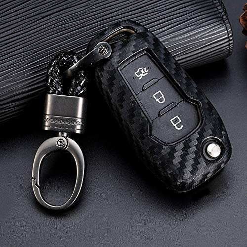 ROYALFOX(TM 2/3 Buttons flip Remote Key Fob case Cover for 2015 2016 2017 2018 2019 Ford F150 F250,Focus 3 Escort Kuga Everest Fiesta Mustang Edge MKV Fusion 2016 Ranger (Silicone Carbon Fiber)