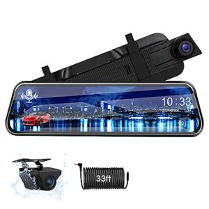 2.5k voice control mirror dash cam rear view mirror backup camera front and rear, 10” rearview mirror backup camera dual full hd super night vision g-sensor parking assistance