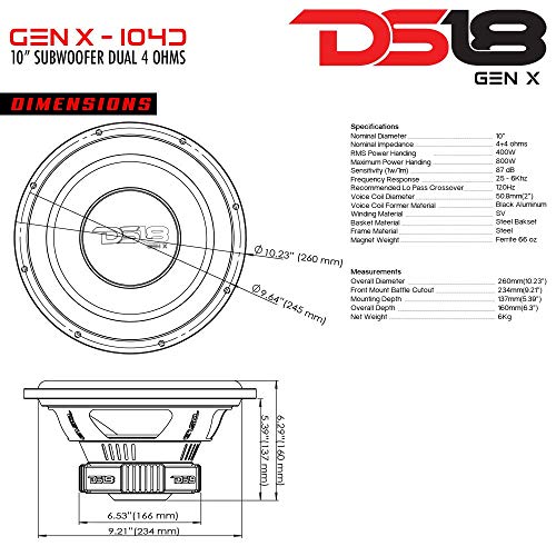 DS18 GEN-X104D Subwoofer in Black - 4 Layer Black Aluminum Voice Coil, 10", 800W Max Power, 400W RMS, Dual 4 Ohms, DVC - Powerful Car Audio Bass Speaker (1 Speaker)