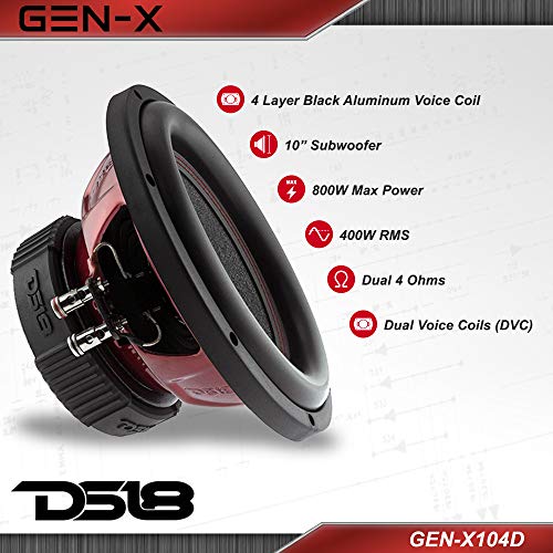 DS18 GEN-X104D Subwoofer in Black - 4 Layer Black Aluminum Voice Coil, 10", 800W Max Power, 400W RMS, Dual 4 Ohms, DVC - Powerful Car Audio Bass Speaker (1 Speaker)