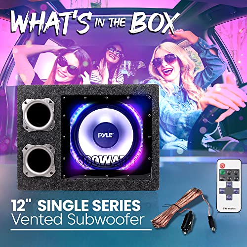 Pyle Single 12" Inch Vented Subwoofer Enclosure - 600 Watt Peak Power Car Audio Sub Woofer Speaker with Built-in Multi-Color LED Illuminating Ring Light & Remote Control