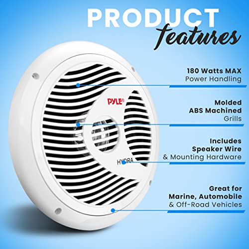 Pyle 8” Dual Marine Speakers - 180W Waterproof, PP Cone w/Rubber Surround, Boat Truck Mobile or Off-Road Speaker (White)