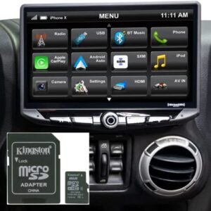 stinger jeep wrangler jk stereo replacement + igo nav card 10″ hd touchscreen radio android auto, apple carplay, handsfree bluetooth, gps, dual usb includes all-in-one dash kit & interface, 2007-2018