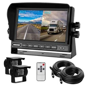 dual backup camera for truck rv,back up camera with monitor kit split screen 7inch reverse monitor,2 side/rear view cameras for trailer hitch/van/vehicle with 170 degree,ip68 waterproof,4pin video.