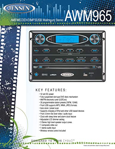 Jensen AWM965 AM/FM|CD|DVD|MP3/USB Wallmount Stereo with DVD Player, Front USB Supports MP3, WMA, JPEG Formats, Remote Control Included, 12 Volt (Renewed)