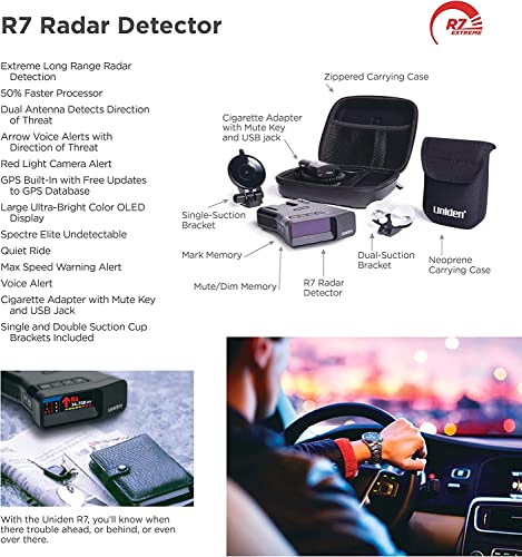 Uniden R7 Extreme Long Range Laser/Radar Detector and Scosche 1080p Dash Cam Bundle. Radar w/Built-in GPS, Real-Time Alerts, Dual Antennas, Front/Rear & Directional Arrows, Red Light Camera Alerts