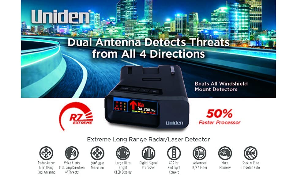 Uniden R7 Extreme Long Range Laser/Radar Detector and Scosche 1080p Dash Cam Bundle. Radar w/Built-in GPS, Real-Time Alerts, Dual Antennas, Front/Rear & Directional Arrows, Red Light Camera Alerts