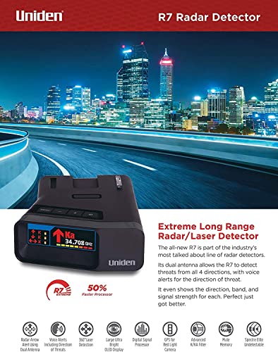 Uniden R7 Extreme Long Range Laser/Radar Detector and Scosche 1080p Dash Cam Bundle. Radar w/Built-in GPS, Real-Time Alerts, Dual Antennas, Front/Rear & Directional Arrows, Red Light Camera Alerts