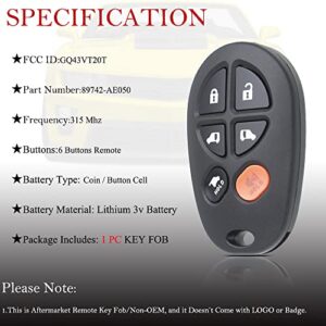Key Fob Remote Replacement Fits for Toyota Sienna 2004 2005 2006 2007 2008 2009 2010 2011 2012 2013 2014 2015 2016 2017 GQ43VT20T Keyless Entry Remote Control 89742-AE050(Pack of 1)