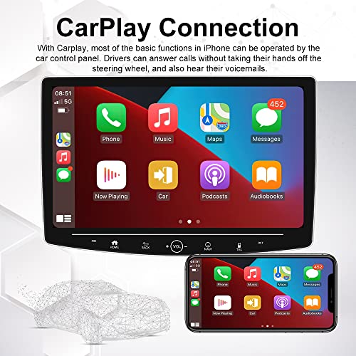 Hikity Android 11 Single Din Car Stereo 10.1" Angle Adjustable Touchscreen Car Radio, Wireless Apple Carplay Android Auto, Support GPS/WiFi/HiFi/Bluetooth Call Music/FM/SWC/Backup Camera