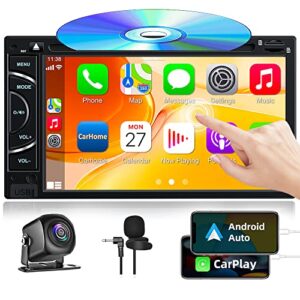 double din car stereo radio with cd/dvd player, backup camera, bluetooth 5.2, carplay android auto voice control, 7inch touchscreen head unite with am fm radio, mirror link, dsp, swc, a/v input